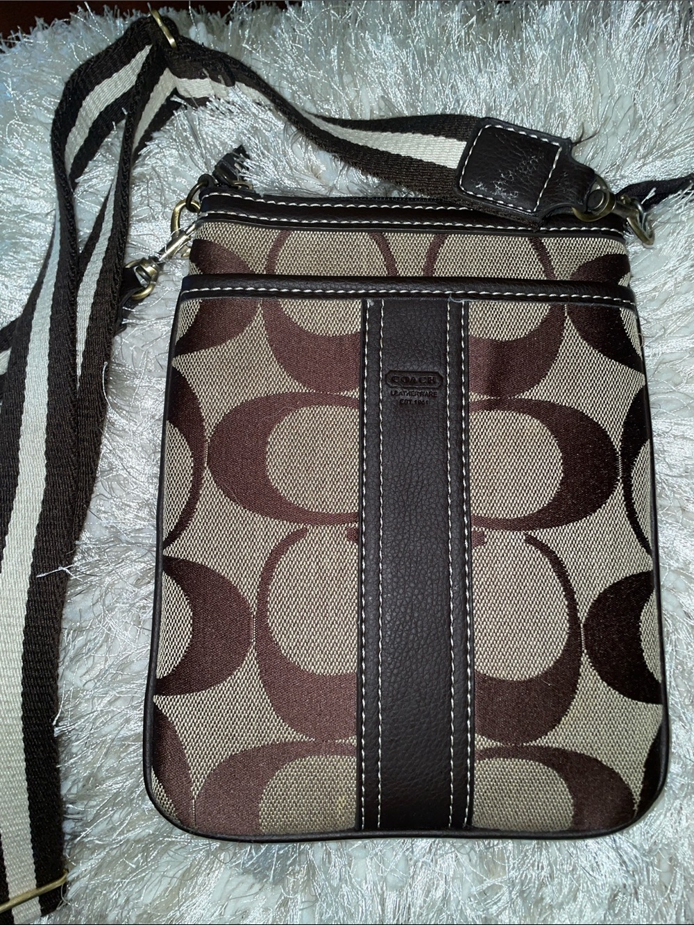 Coach Brown Signature Canvas Crossbody with Striped Strap